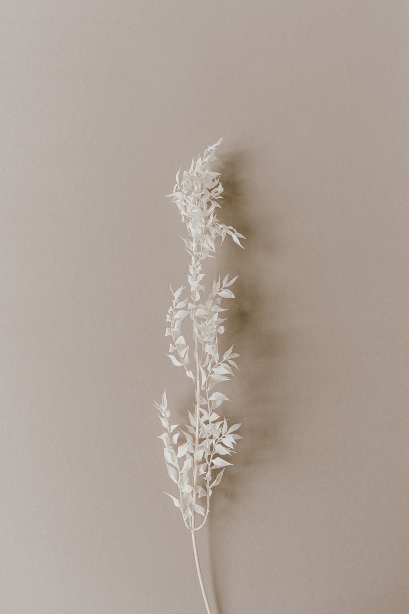 White Plant Branch on Neutral Beige Background